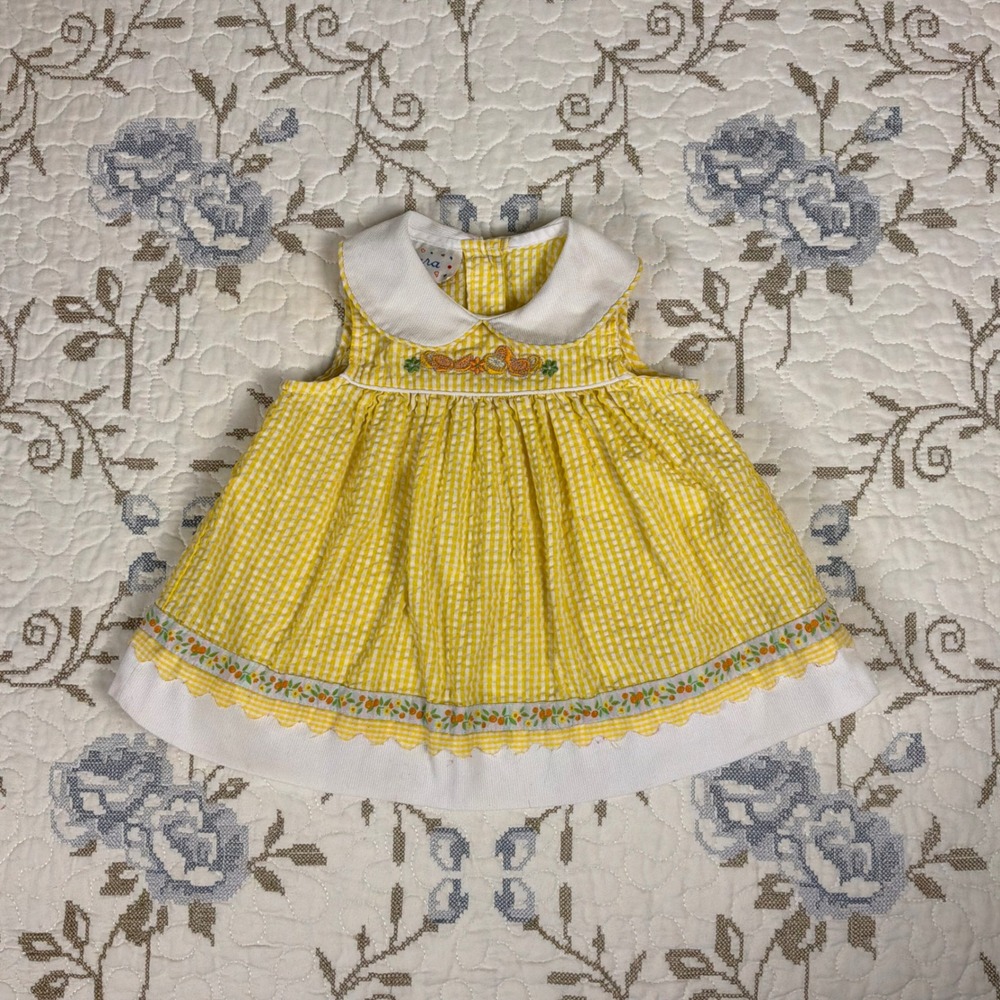 Samara Gingham Dress Baby Yellow Excellent Vintage Embroidered Peter Pan Collar